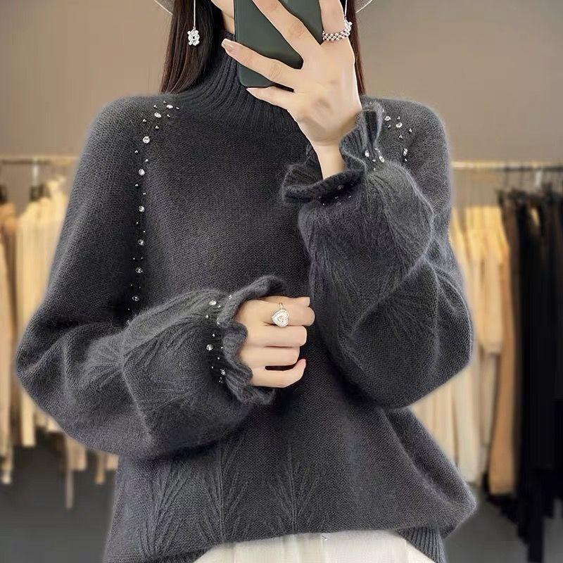 Women's Turtleneck Sweater Autumn Winter Beaded Loose Sweater Solid Color Pullover Knit Top