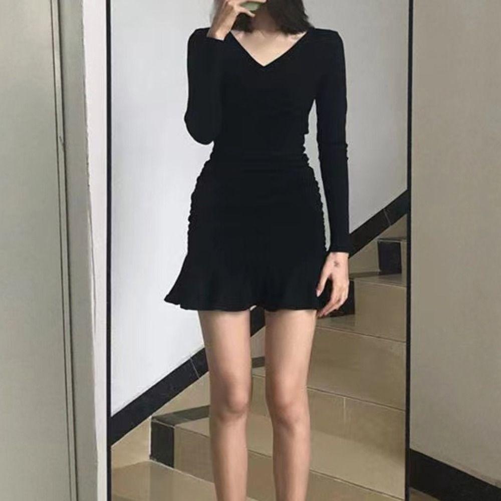 High Waist Women's Hip Hugging Skirt Pleated Y2k Slim Fit Dress Sweet Long Sleeve Dress  Club