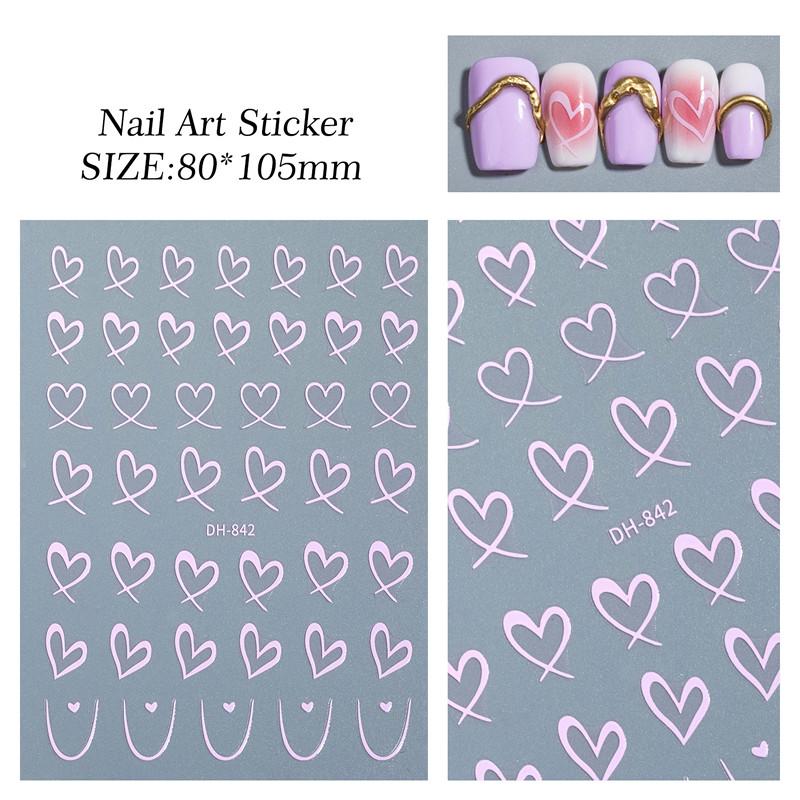 1 Sheet Nail Art Stickers 3D Cute Heart White Gold Silver Lines Love Heart Nail Decals Diy Adhesive Slider Manicure Decorations