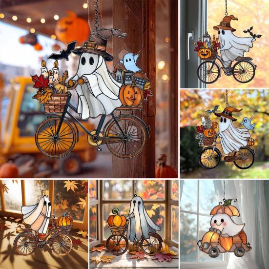 Halloween Ghost Ride Ornament with Lanyard Solar Trap Witch Hat Pumpkin Passenger Hanging Pendant Sun Catcher