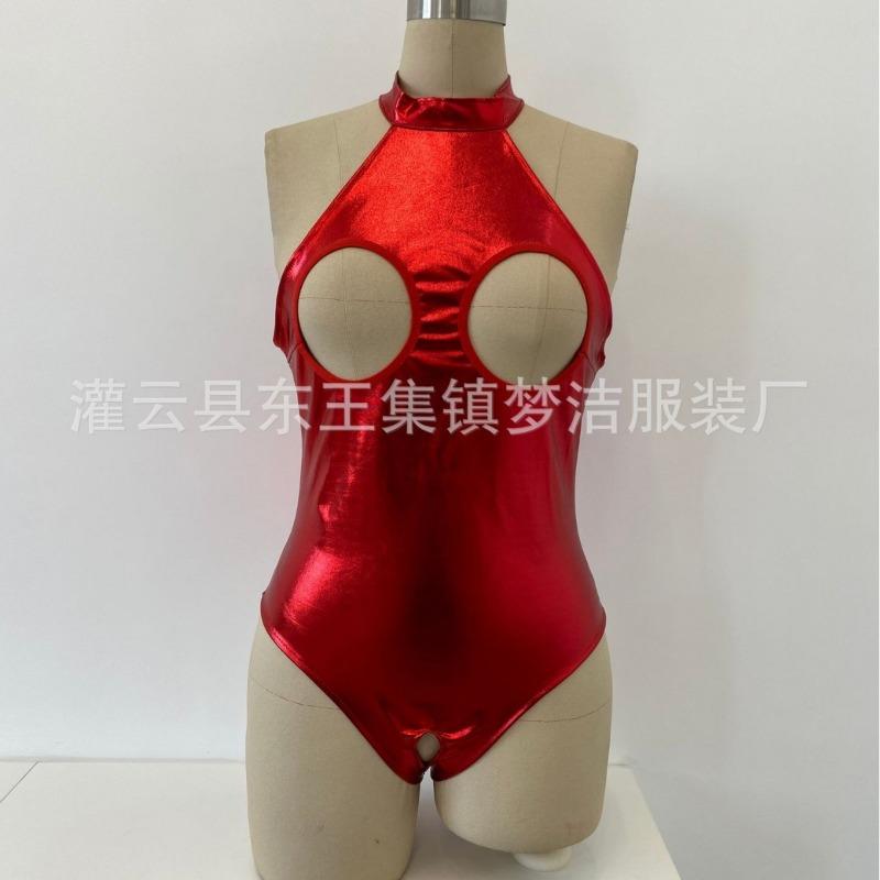 New sexy temptation black patent leather women's sexy hollow onesie