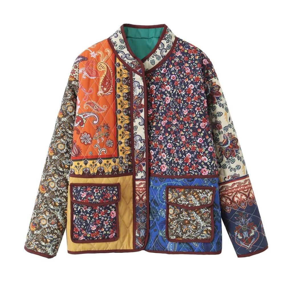 Women s Stand Collar Long Sleeve Patchwork Floral Print Loose Fit Cotton Quilted Jacket S