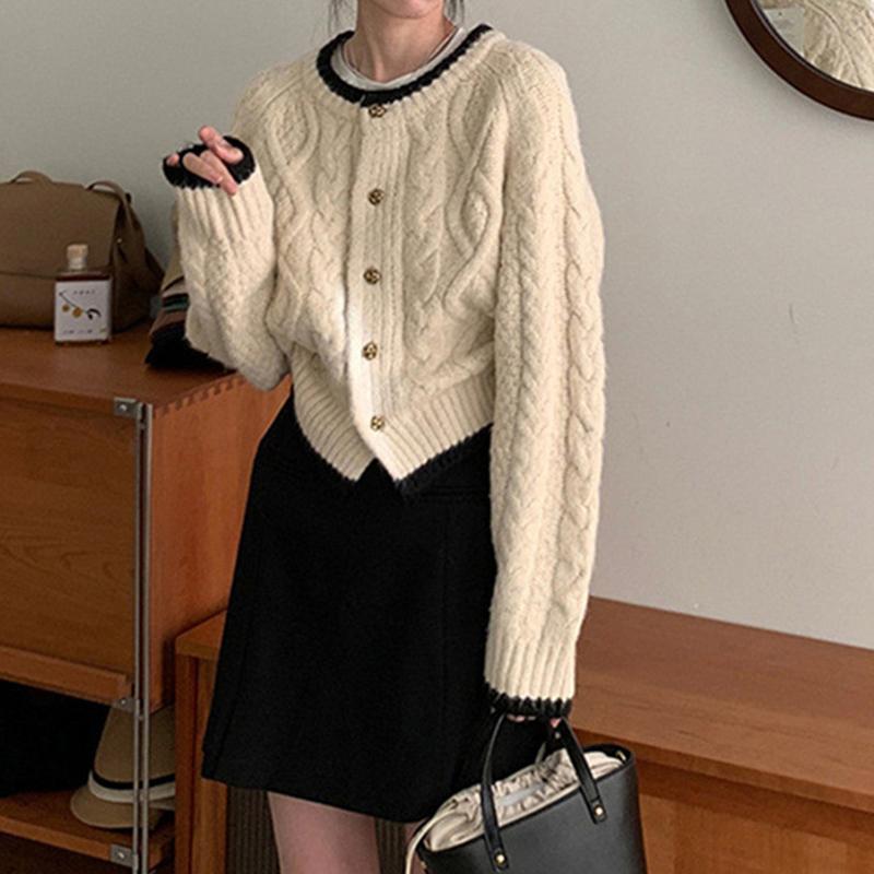 Women's Round Neck Sweater Jacket Loose Short Knitted Cardigan Top