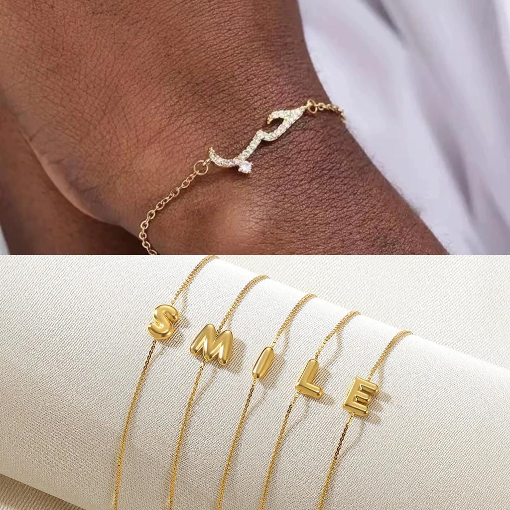 Mini Cute 3D Initials Bubble Letter Chain Bracelet For Women New Gold Color Stainless Steel Waterproof Elegant Christmas Jewelry