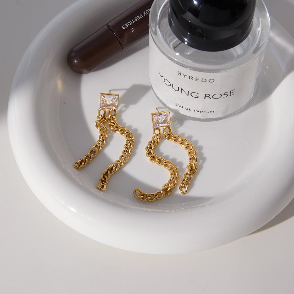 Uworld Classic 18K Plated Gold Color Square Zircon Earrings Women Two Asymmetrical Chain Tassel Earring Stainless Steel Jewelry