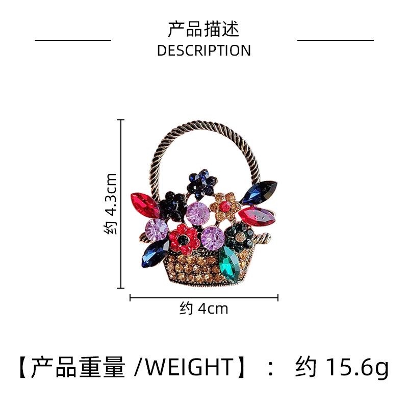 Retro Cute Flower Basket Brooch Colored Diamond French Autumn And Winter Flower Ancient Gold Series Clothing Alloy Pin Accessories
