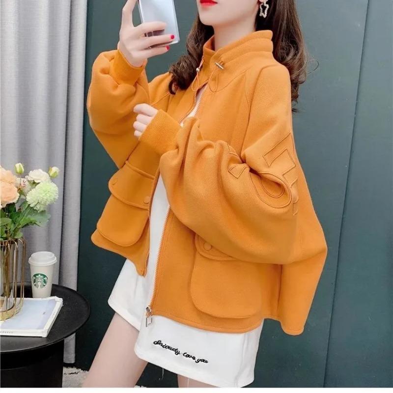 

Women s Stand Collar Lantern Sleeve Jacket Loose Casual Zip Up Utility Coat with Pockets M оранжевый