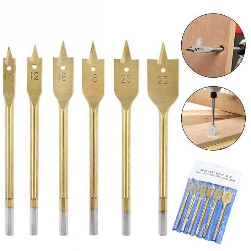 1 Set 6 Pcs Spade Drill Bit Set Paddle Flat Bits Hole Cutter Titanium Coating Carbon Steel Woodworking Tool 10/12/16/18/20/25mm