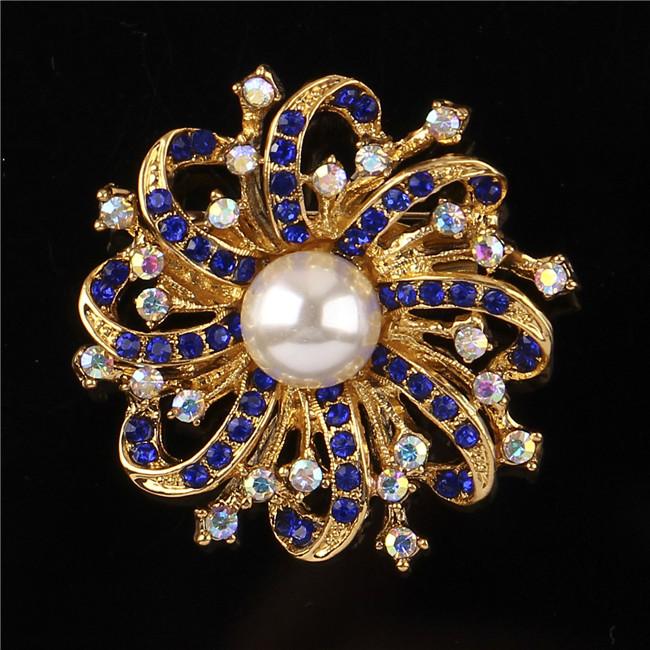 DIEZI Korean Gold Color Blue Crystal Brooches for Wedding Women Party Dress Rhinestone Bridal Bouquet Flower Bowknot Brooch Pins