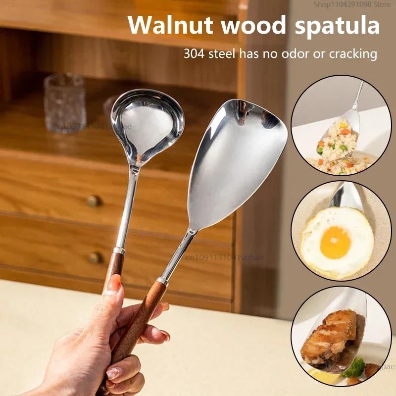 Kitchen Dinner Dish Rice Shovel  Handle Stainless Steel Soup Spoon for Household Use Porridge Soup Restaurant Wooden Tableware
