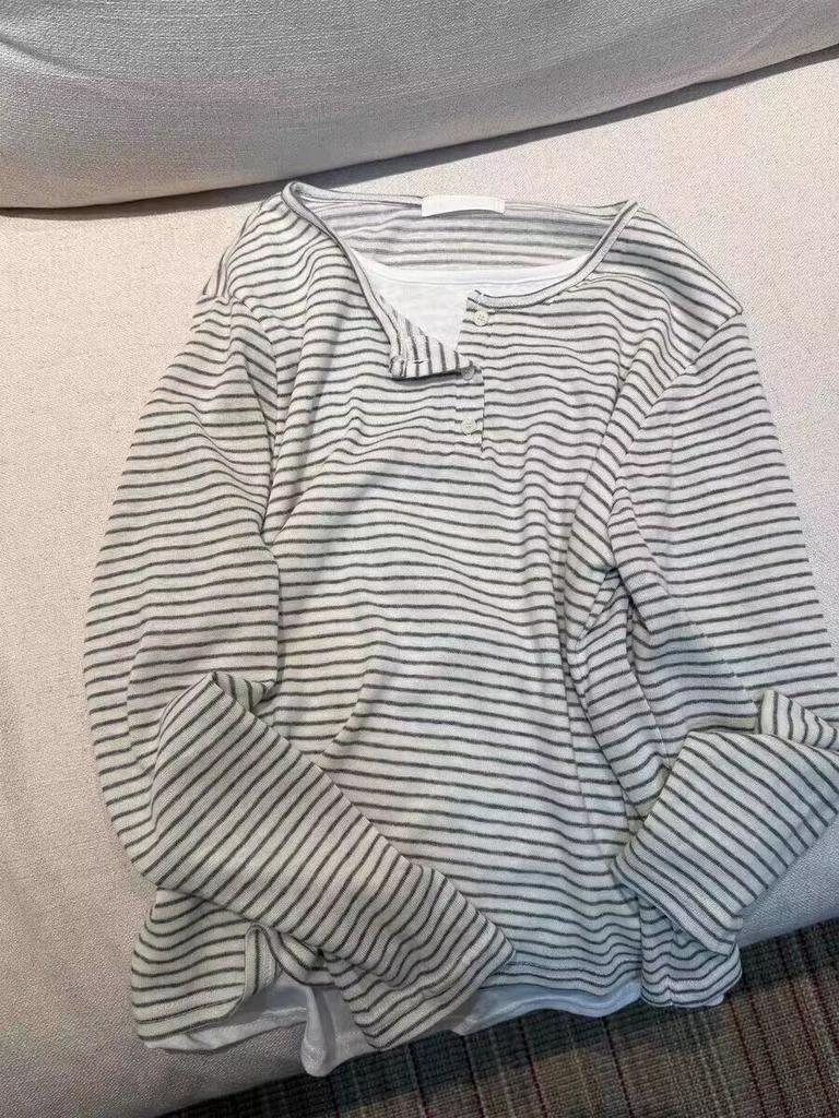 Korean retro front shoulder fake two-piece striped long-sleeved T-shirt women's early autumn loose design bottoming shirt top