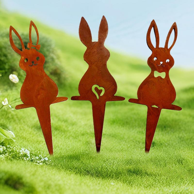 Rusty Bunny Silhouette Yard Art 3X Outdoor Happy Easter Rabbit Yard Sign Iron Animal Ground Inserts Outdoor Animal Stake For