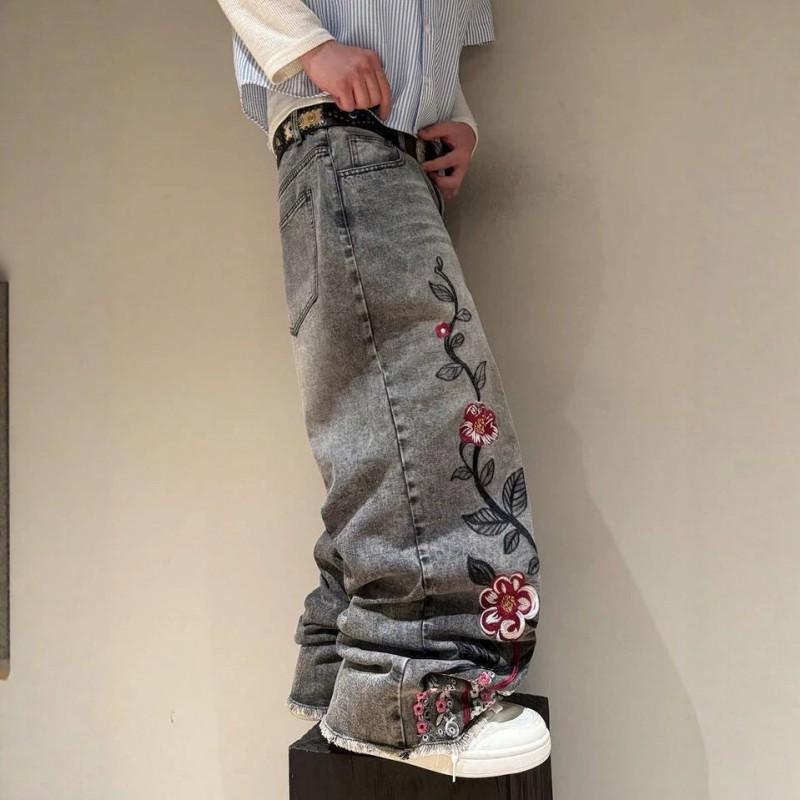 Jeans en Denim Coupe Droite Brodés Fleurs de Cerisier Style Street Gothique Unisexe Vêtement Décontracté Jeune
