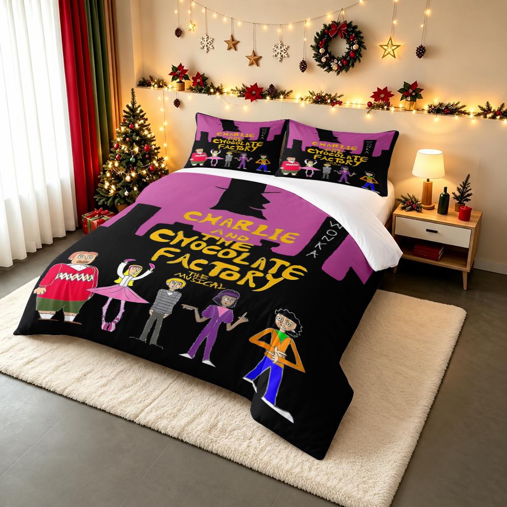 3 Piece Bedding Set Charlie Chocolate Factory Musical Wonka Pink Black Print Duvet Cover for Adult Fan Gift