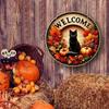Autumn Round Welcome Sign, Black Cat & Fall Harvest Elements (Pumpkins, Maple Leaves), Wooden Hanging Wall Decor for Home Porch