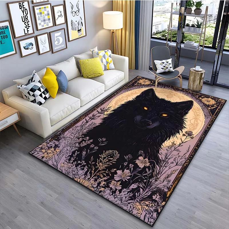 Black Wolf Pattern Area Rug–Stylish Carpet for Living Room or Bedroom – Non-Slip Bedside Floor Mat, Cool Home Decor Gift for Men