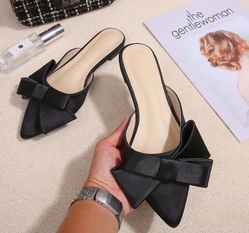 Fashion Silk Pointed Toe Flat Slippers Women's Outer Wear Summer Net Red All-match Fashion Bow Baotou Sandals and Slippers