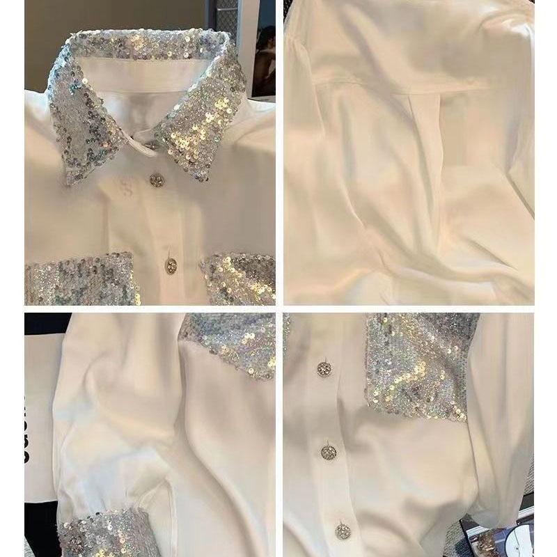 Patchwork Sequins White Women Shirt Autumn Long Sleeve Loose Blouse Casual Turn Down Collar Elegant French Style Shirt