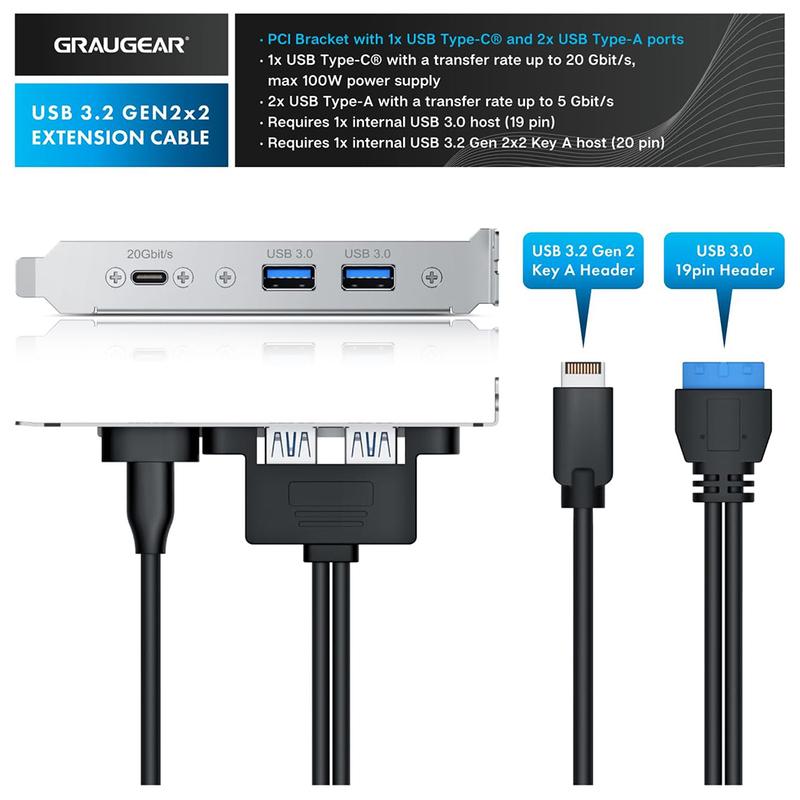 20Gbps USB3.2 Gen2x2 Frontpanel-Adapter, USB-C und USB zu USB3.2 Type-E Key-A 20Pin und 19Pin USB-Anschlüssen mit PCIe-Halterung