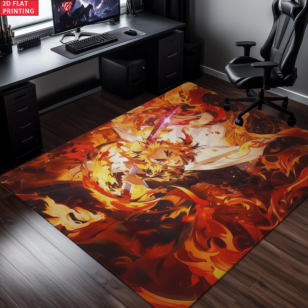 Anime Swordsman Area Rug,Flame Theme Floor Mat, Decorative Carpet for Gaming Room Bedroom Living Room, Washable Home Decor Gift