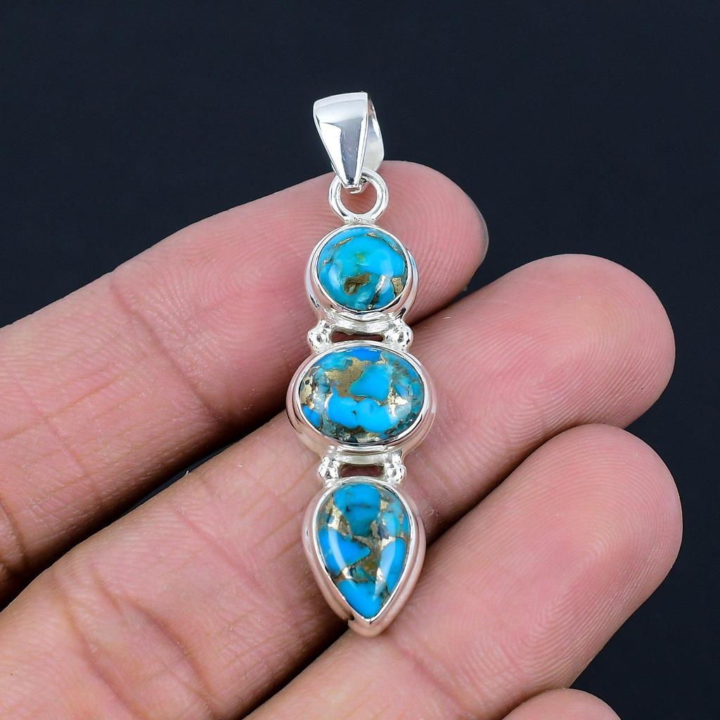 Natürlicher blauer Kupfer-Türkis-Edelstein, 925 Sterling Silber, Drei-Stein-Anhänger, handgefertigter Anhänger, Schmuckgeschenk zum Valentinstag