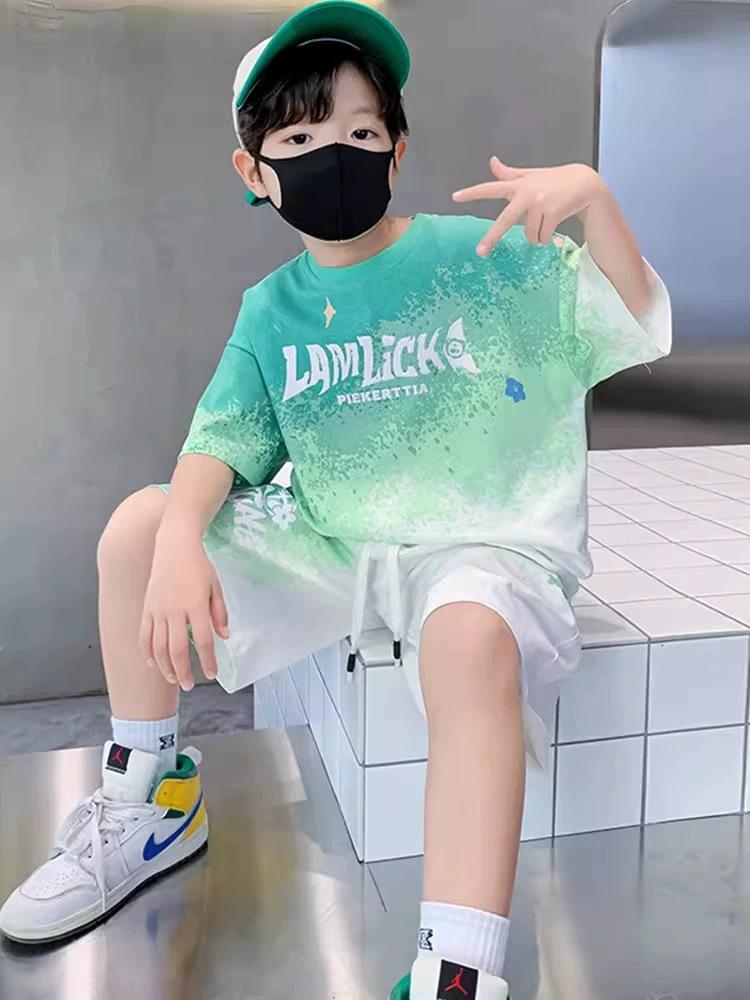 Boys' 2026 Quick-Dry Gradient Sportswear Set: Short-Sleeve Printed Two-Piece Summer Outfit