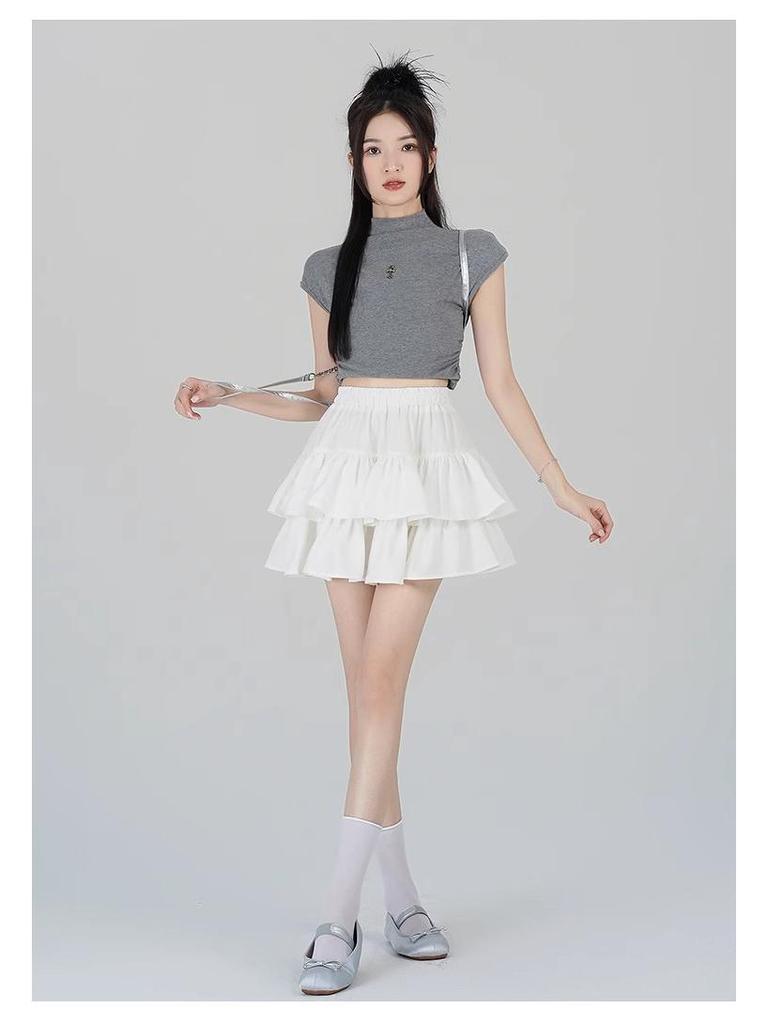 Women's White Ruffle Puff Cake Dress - Ballet Style, High Waist, Petite A-Line Midi Skirt