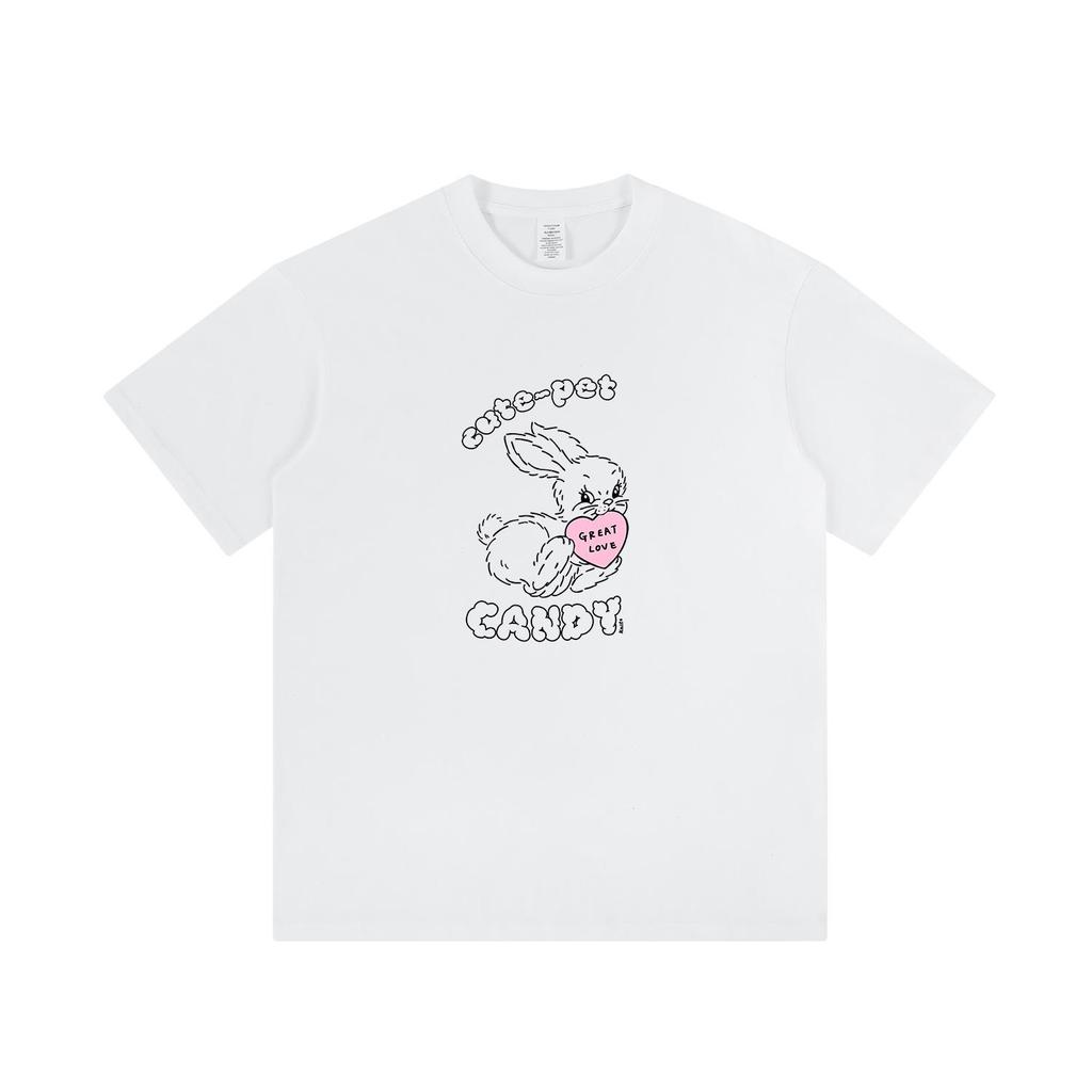 Fun Love Heart Rabbit Print T-Shirt - Unisex Couple's Trendy Short Sleeve Summer Top