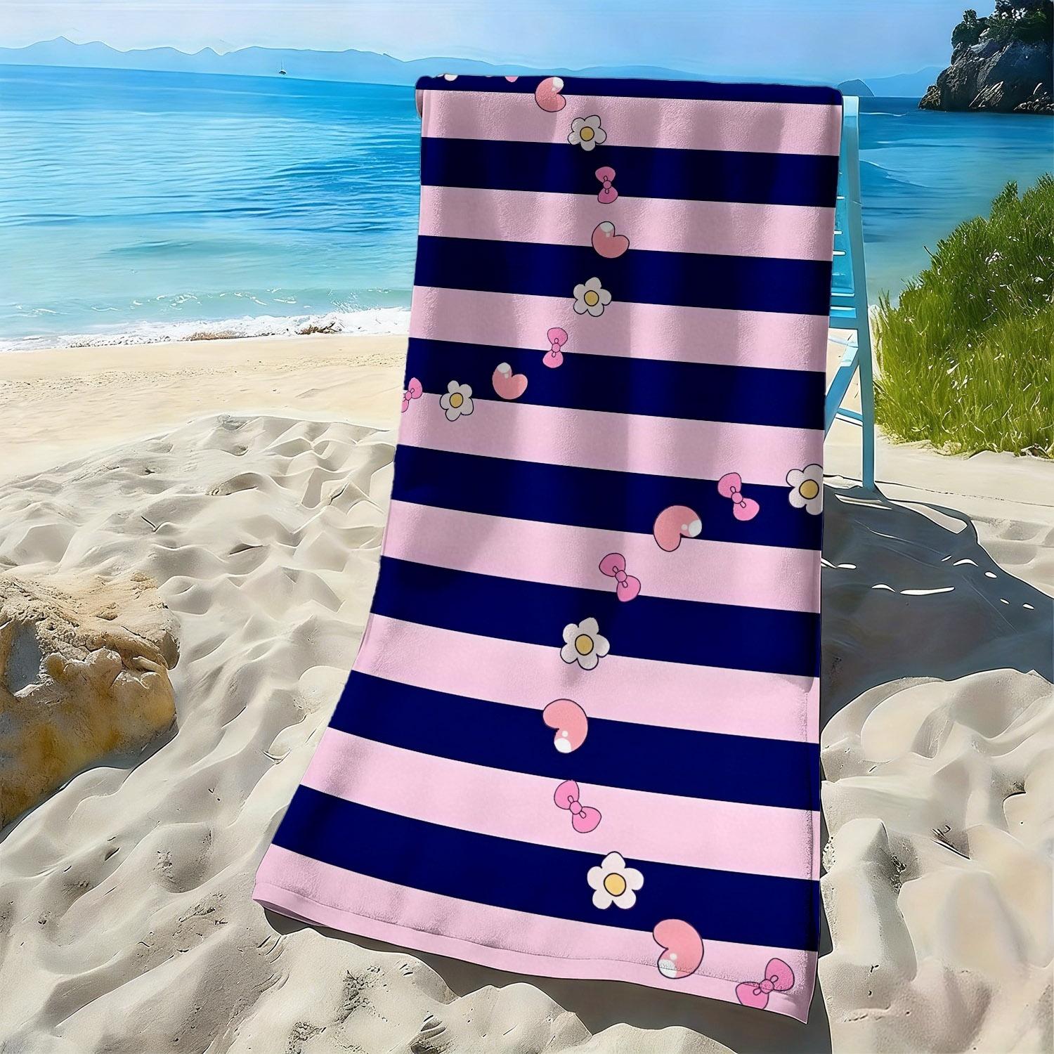 

Pink and blue striped small flower pattern polyester microfiber beach towel is highly absorbent, suitable swimming beach outings W30*H60(CM)
