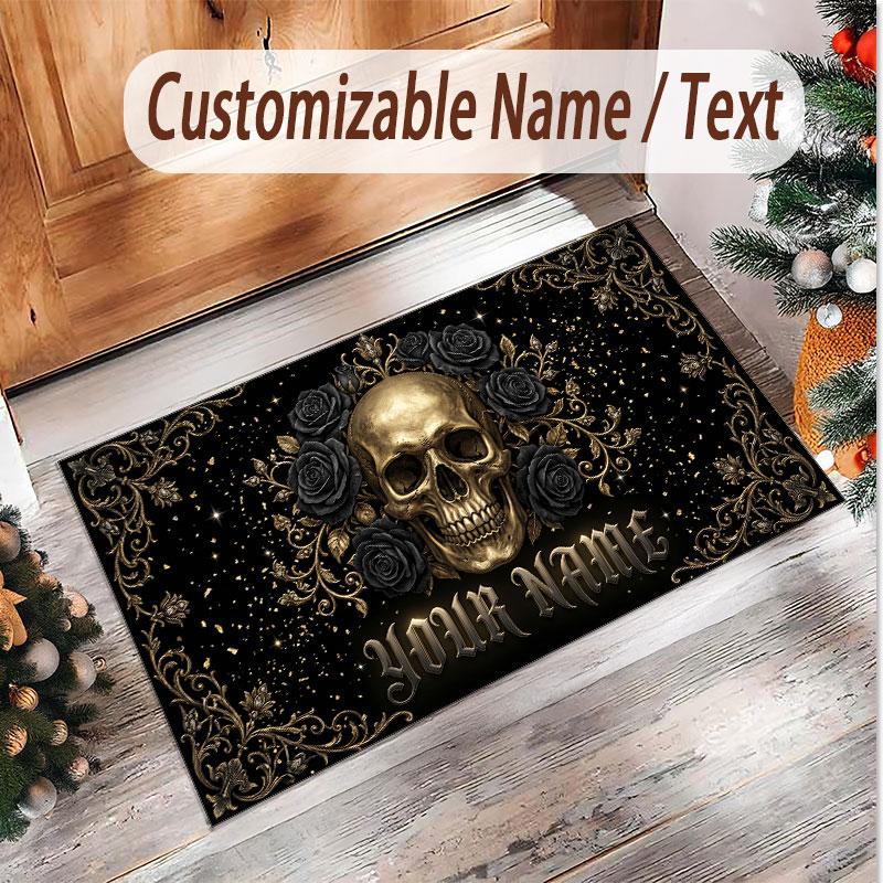 Totenkopf Gothic Thema Weicher Kristall-Samt Teppich Benutzerdefinierter Name & Text Druck Rutschfester Boden Teppich für Schlafzimmer Wohnzimmer