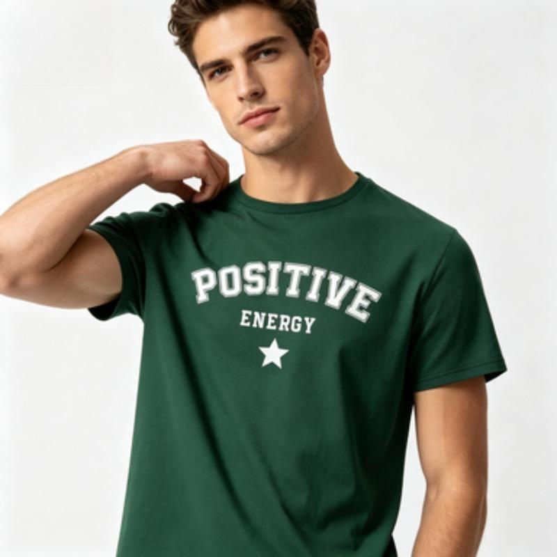 Unisex 100 Cotton Positive Energy Arch Letter Star Graphic T Shirt O Neck Short Sleeve Inspirational Casual Male Tees