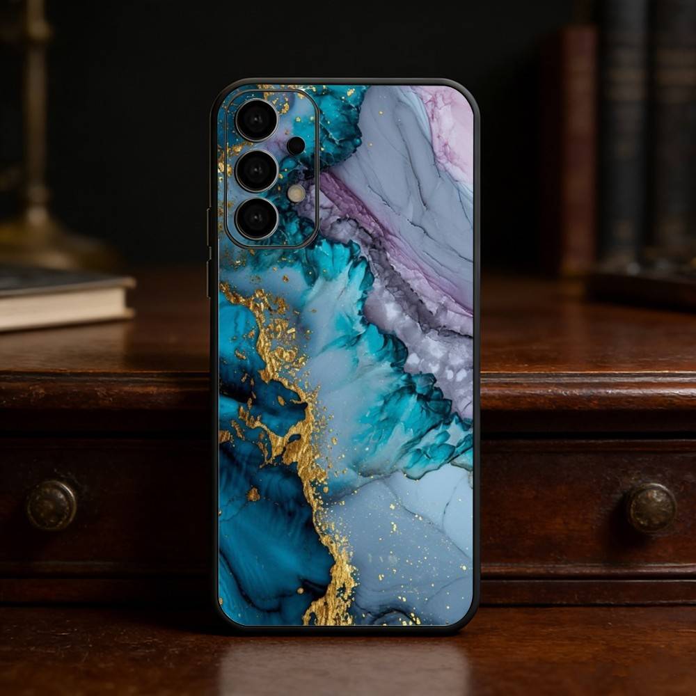 Watercolor Marble Silver Plated Inside Phone Case For Samsung S25,S24,S21,S22,S23,S30,Ultra,S20,Plus,Fe,Lite Black Shell