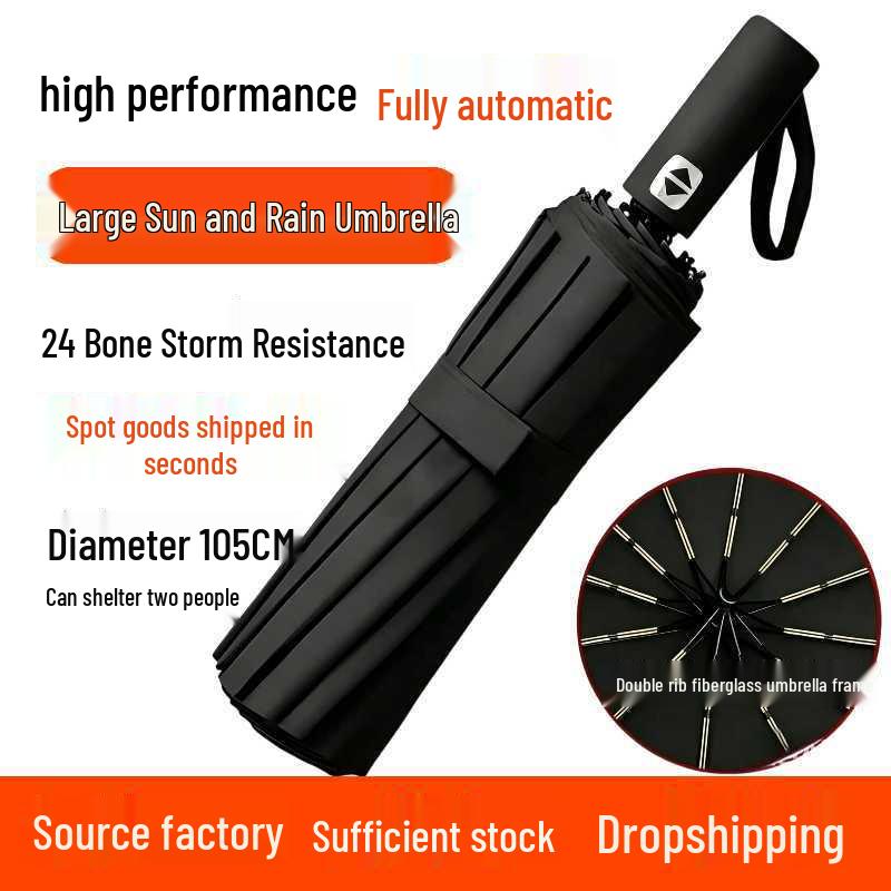 24-Rib Automatic Folding Umbrella with UV Protection for Sun and Rain.