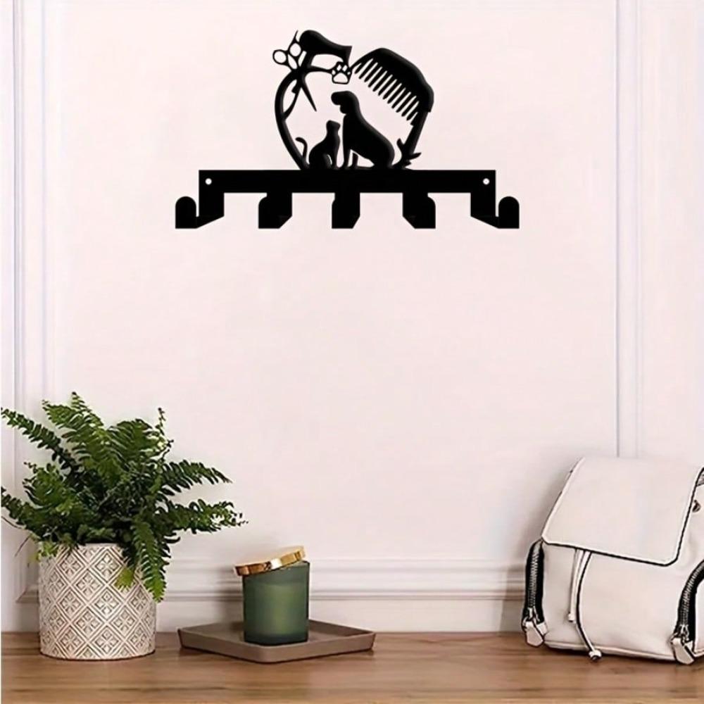 Wrought Iron Dog Theme Wall Mounted Key Holder with 5 Hooks Handmade Metal Art
