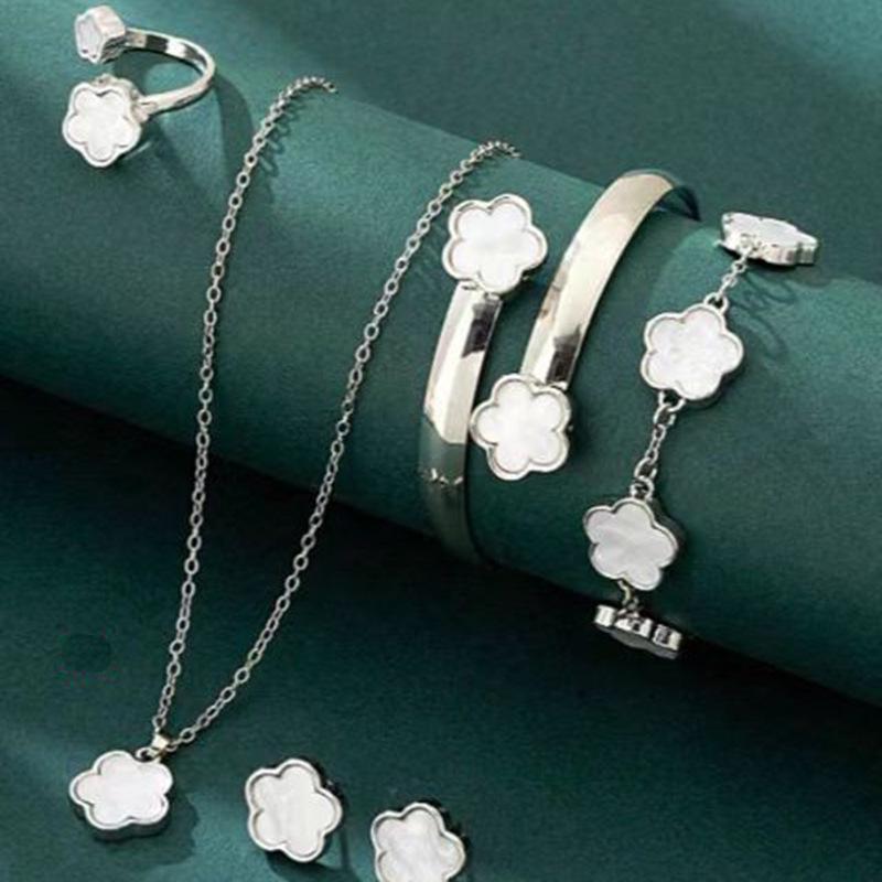 European Elegance: Five-Petal Flower Jewelry Set (Necklace, Bracelet, Bangle, Earrings, Ring)