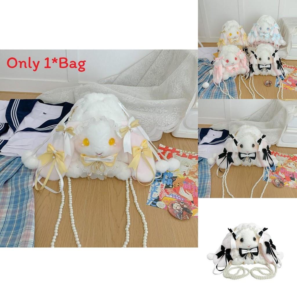 Bow Tie Drawstring Rabbit Plush Backpack With Pearl Chain For Daily Use