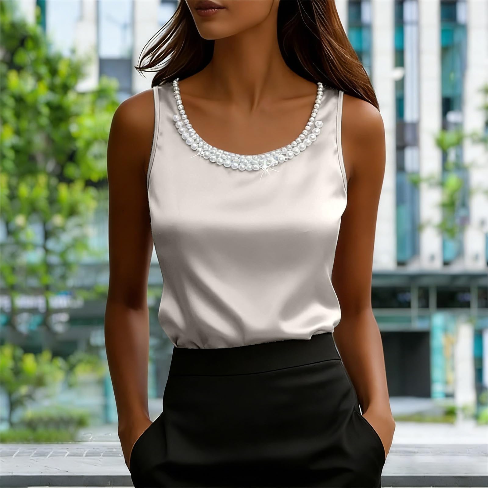 

Women’s Loose Fit Satin Tank Top Sleeveless Blouse with Decorative Neckline for Casual or Office Wear M