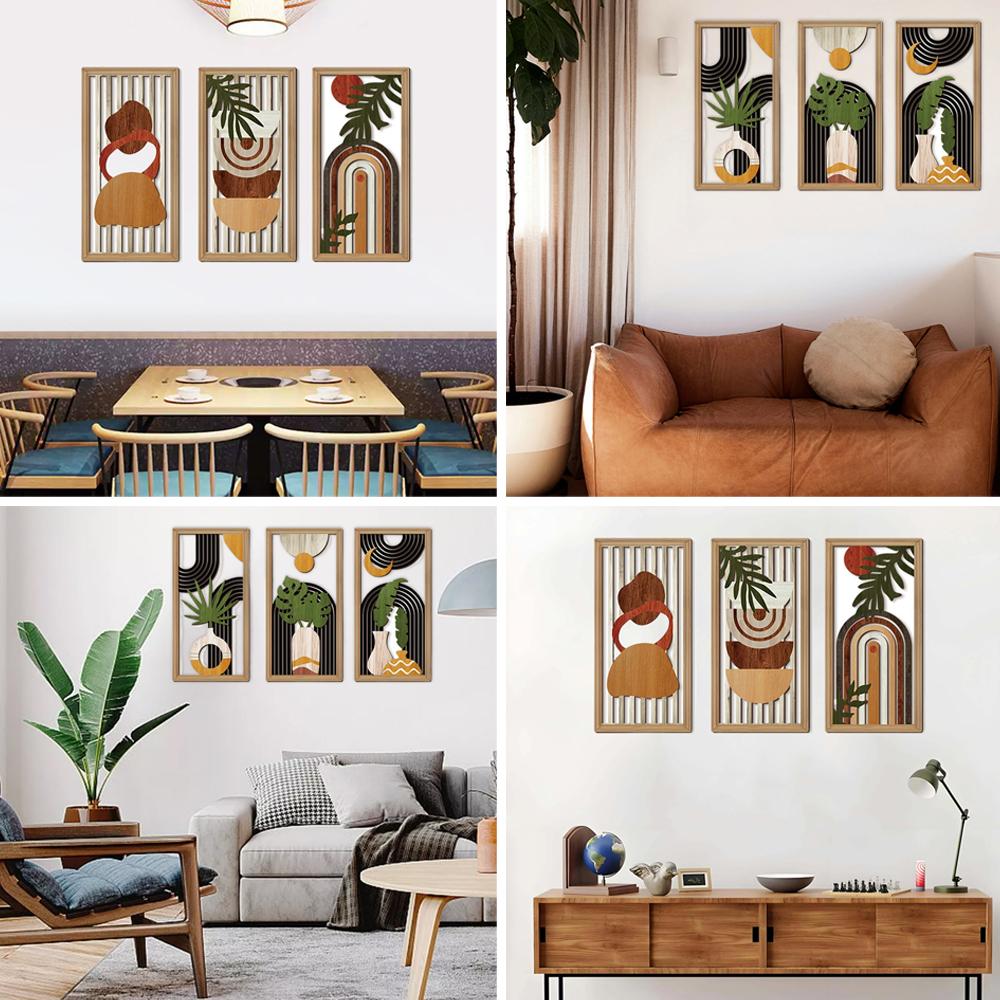 Modern Line Hollow Wooden Art Wall Decor Abstract Geometric Wall Sculptures Banana Leaves Bohemian Wall Art Decor