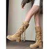 Coarse Heel Thick Bottom Tassel Boots Strap Skinny Frosted Brown Pile Boots Tall Boots Winter Western Boots