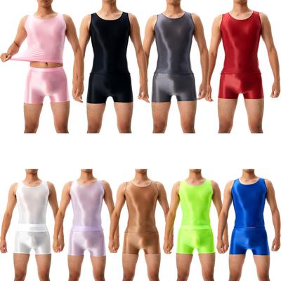Mens Glossy Sleeveless Round Neck Tank Top with Elastic Waistband Shorts for Yoga Sports Swim Training