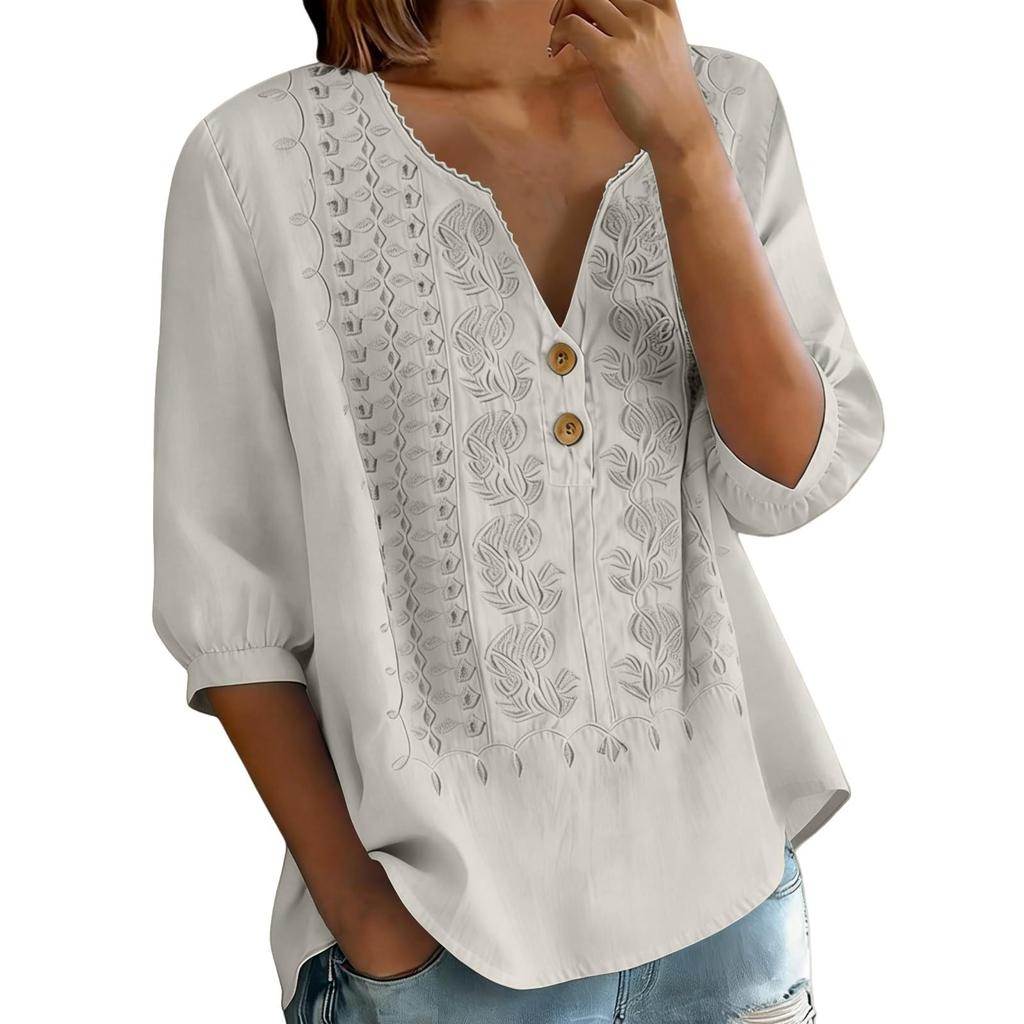 Damen V-Ausschnitt Dreiviertelarm Bestickte Knopfleistenbluse mit Blumenmuster Lockerer Schnitt Lässiges Oberteil