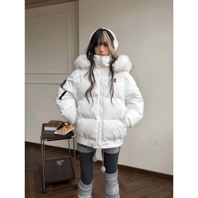 Womens Hooded Puffer Coat With Fur Trim Winter 2026 Loose Short Warm Cotton Padded Jacket
