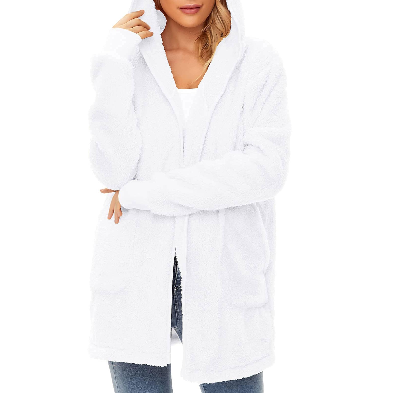 

Женский повседневный кардиган с капюшоном на флисовой подкладке, однотонное пальто с длинными рукавами XL белый