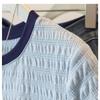 Women's White Textured Contrast Trim Crew Neck Ruffle Short Sleeve T-Shirt