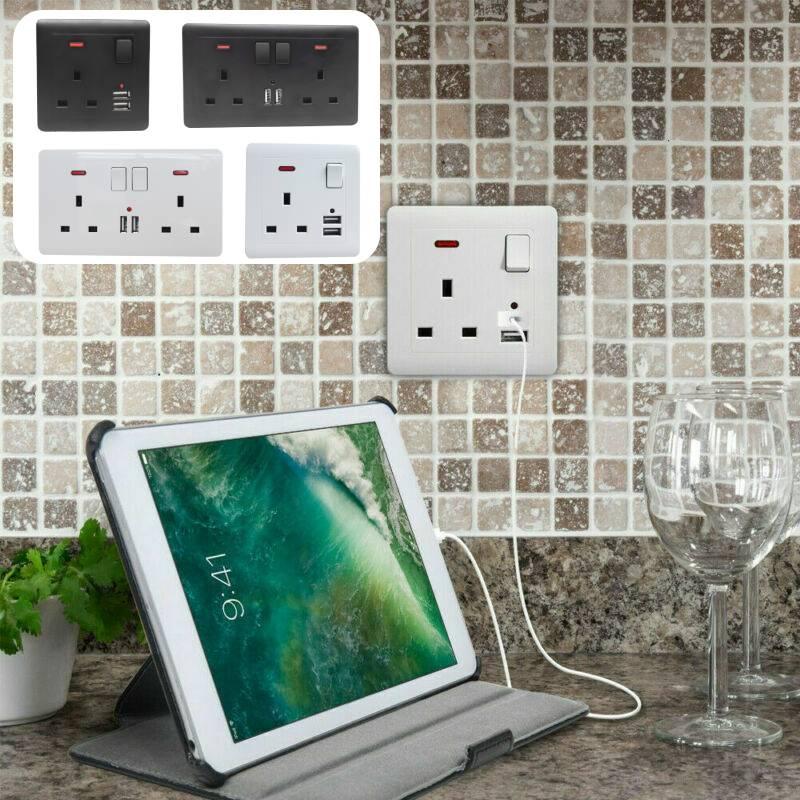 Double Uk Wall Plug Socket 13a 2 Gang With Power Switch 2 Usb Outlets Charger