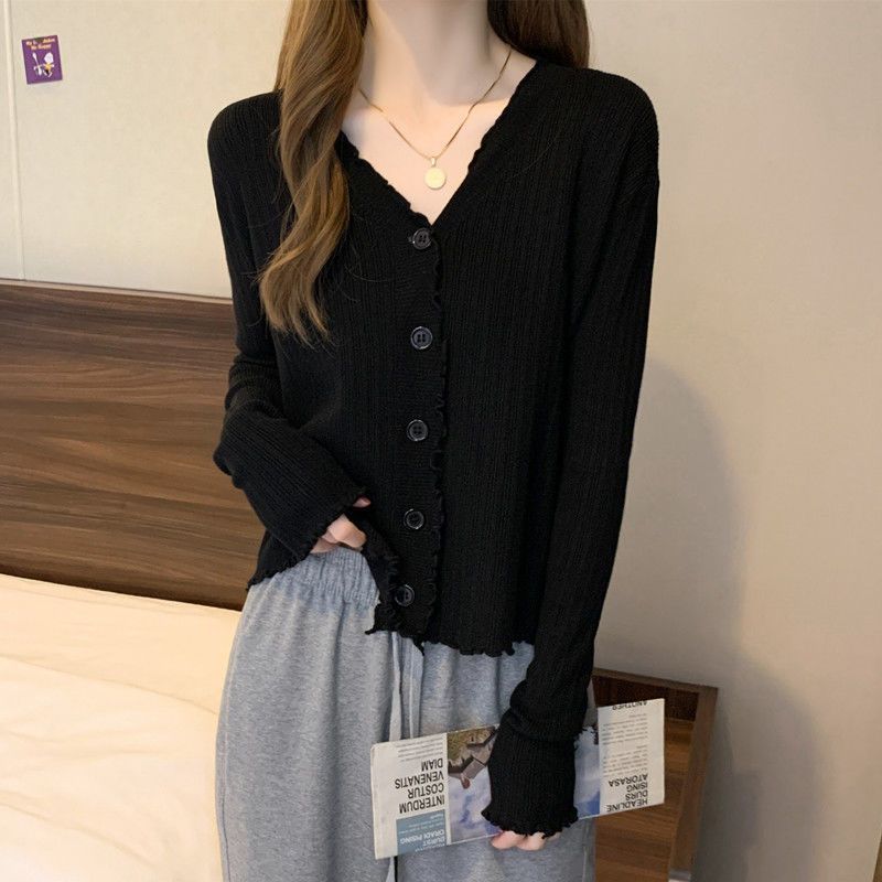 Knit Top Spring Fall Premium V Neck Air Conditioning Cover Versatile Sweater Thin Coat Long Sleeve Cardigan Women