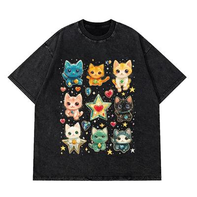 Hip Hop Retro Washed Black T-Shirt Streetwear Star Baby Cats Graphic T Shirt Cotton Harajuku Unisex Tshirt Men Tops