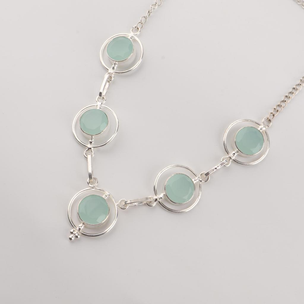 Collana Pietra Dura Calcedonio Azzurro, Collana Fatta a Mano in Argento Sterling 925, Elegante Collana da Sposa RN-2-18