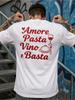 Pánské tričko s italským a vinným grafickým potiskem na zádech Odvážný červený design Amore Pasta Vino E Basta s motivy těstovin a vína - Kulatý výstřih, Posilovna, Basketbal, Streetwear