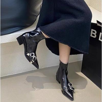 Fashion Chunky Heel Women Solid Boots Pointed Toe Side Zipper Autumn  Boots Belt Buckle Mid Calf Fashion Casual 2025 Newest Boots